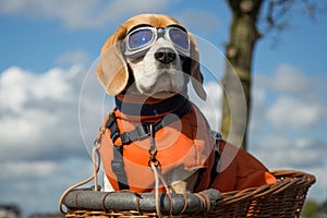 Beagle dog wearing blue flying glasses