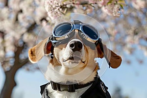 beagle dog wearing goggles, flower trees on background.ai generative