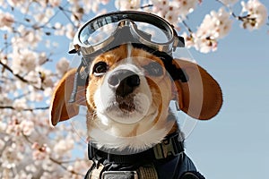 beagle dog wearing goggles, flower trees on background.ai generative