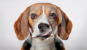 Beagle grimaces, on a white background