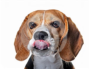 Beagle grimaces, on a white background