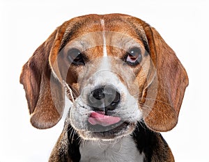 Beagle grimaces, on a white background