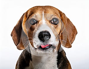 Beagle grimaces, on a white background