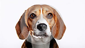 Beagle grimaces, on a white background