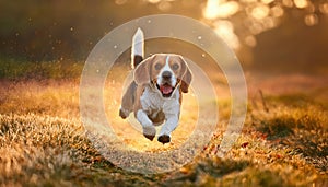 Beagle Jumping through Autumnal Sunlight Joyful Leap in Morning DewCovered Field, Capturing Vibrant Autumn Colors and Playful photo