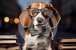 Beagle pup charms in glasses and bow tie, ready for attention