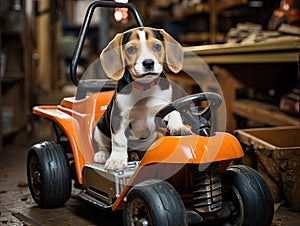 Beagle pup driving toy car in business