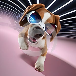 A beagle pup with VR glasses chasing a digital bone in a virtual world2