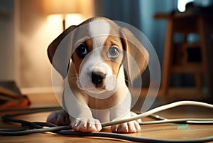 Beagle puppy plays with the white electric cable