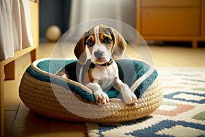 Beagle puppy sitting in dog bed on carpeted floor. Generative AI