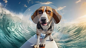 Beagle Surfer Close-Up Illustration of a Happy Dog Riding the Waves - Generative AI