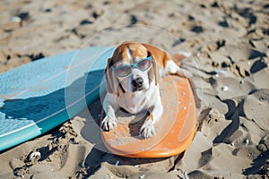 beagle in wayfarers next to a boogie board