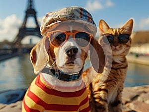 beagle wearing a sunhat, sunglasses, and hawaiin-style shirt and a brown goldendoodle, in Paris, Eifel Tower in the bakground