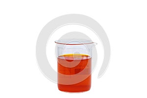 Beaker with color liquid. Solution chemistry. Laboratory beaker with colored liquid over white background