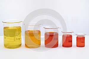 Beaker with color liquid. Solution chemistry. Laboratory beaker with colored liquid over white background