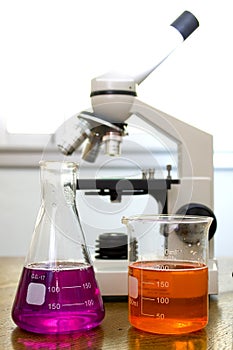 Beaker, flask and blured microscope