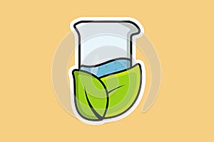 Beaker Glass Chemical Liquid with Green Leaves Sticker design vector illustration.