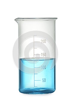 Beaker with light blue liquid isolated