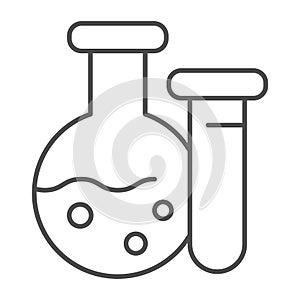 Beaker with liquid thin line icon, medical equipment concept, laboratory flask sign on white background, laboratory