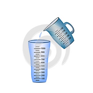 Beaker. Measuring cup. Pouring of measuring cups water into a glass. Vector illustration on background