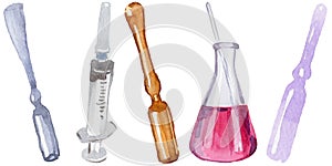 Beakers and ampoule clinic pharmacy set.
