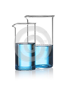 Beakers with blue liquid isolated. Laboratory glassware