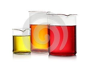 Beakers with color liquid isolated. Solution chemistry