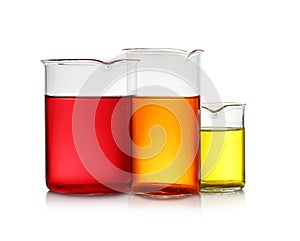 Beakers with color liquid isolated on white