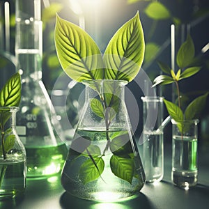 beakers plants, Green leafs in the flask filled with water, Green Chemistry. ai generative