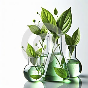 beakers plants, Green leaves in the flask filled with water, Green Chemistry on solid white background. ai generative