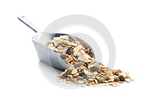 Beakfast cereals in scoop. Healthy muesli with oat flakes, nuts and raisins