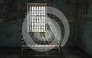 A beam of sunlight casts a spotlight on a lone bed in a decaying room, creating a poignant contrast of hope and neglect.