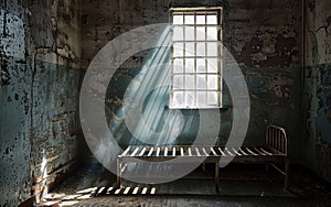 A beam of sunlight casts a spotlight on a lone bed in a decaying room, creating a poignant contrast of hope and neglect.