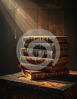 Sunlit Stack of Antique Leather Books