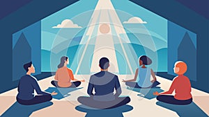 A beam of sunlight filters through a skylight illuminating a small group of individuals in meditation poses awash in the photo