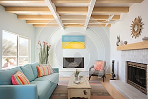 beamed ceiling texture in a bright pueblo living room