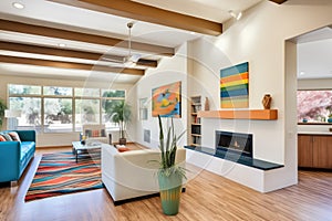 beamed ceilings, kiva fireplace, large windows