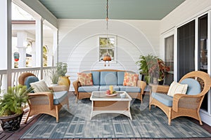 beamed porch, wicker furniture