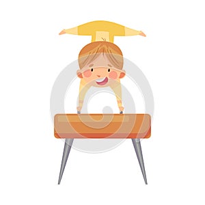 Beaming Boy Doing Gymnastics Vaulting on Pommel Horse Vector Illustration