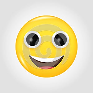 Beaming face emoji with big eyes and a broad, open smile with a full-toothed grin. Smiling yellow character. 3D vector