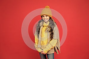 Beaming girl. stay cozy and comfortable. happy childhood. cold season look for teen girl. knitted clothing style. take