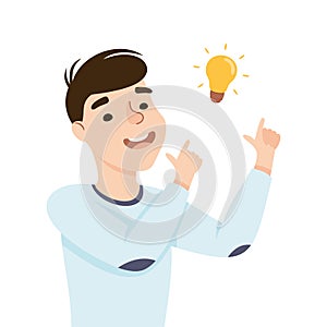 Beaming Man with Glowing Lightbulb Having Idea Finding Problem or Puzzle Solution Half Length Vector Illustration