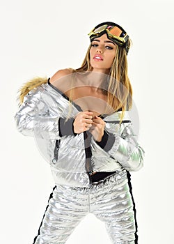 Beaming woman. Winter time fun. Ski resort and snowboarding. Winter sport and activity. Happy winter holidays. Girl in