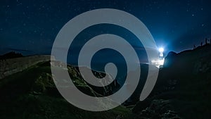 Beams of light shining from Fanad Head Lighthouse at dark night with sky full of stars