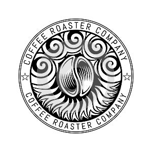Bean of coffee between fire under and smoke above. Round label for coffee roasting company