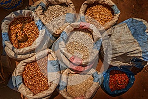 Bean plant in the bag sack, diferent kind. Madagascar market, travel in Africa. Shop in Antanarivo in Madagascar