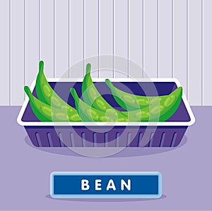 Bean on the plastic food packaging tray wrapped with polyethylene. Vector illustration