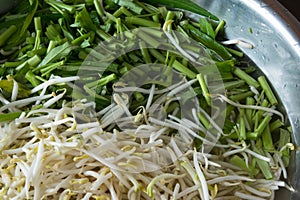 The Bean sprouts and Ipomoea aquatica that prepared for cooking