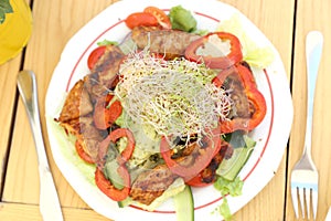 bean sprouts on top of a salad with peppers and chicken