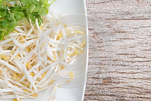 Bean sprouts on wood background